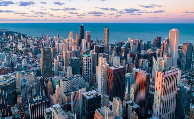 Chicago skyline from Lake Michigan at dusk